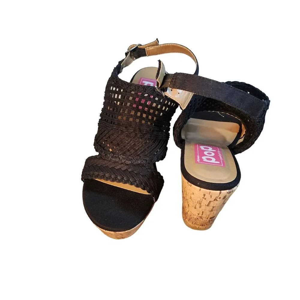 Womens Black Wedge Sandals Cork Heel Woven Braided Open‎ Toe